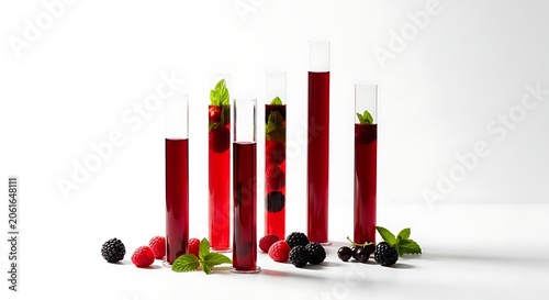 Refreshing berry mocktails in test tubes with mint garnishes studio lighting