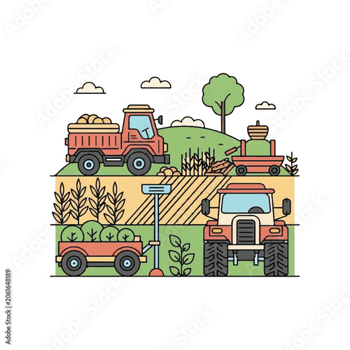 Tractors and farming vehicles in field.
