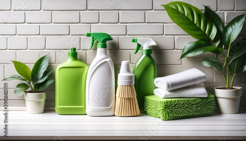 eco friendly green cleaning bottles and supplies on white wooden table over brick wall background