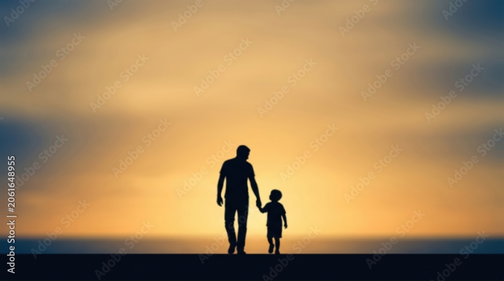 Fototapeta premium Silhouette of adult and child holding hands at sunset by the beach