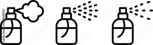 Perfume spray bottle vector icon collection containing pump sprayer aerosol stream liquid drops deodorant antiseptic mist disinfection linear graphic design.