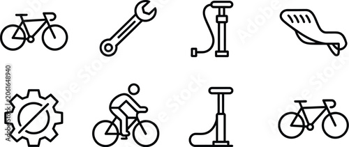 Bicycle line icon set featuring road bike wrench spanner repair tool air pump saddle seat gear cog and cyclist rider.