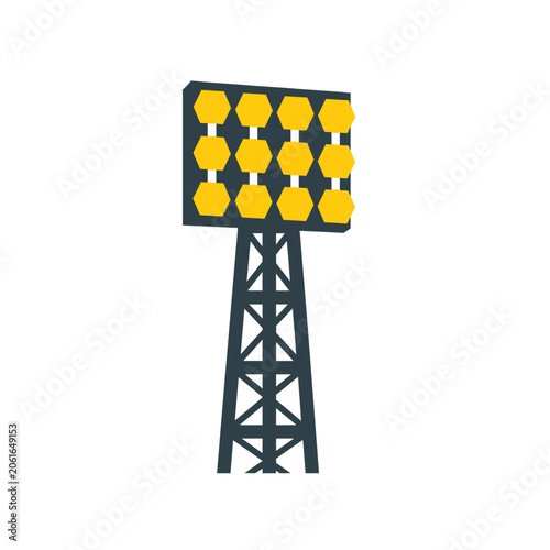 Stadium floodlight tower icon with yellow hexagonal reflectors and metal truss structure flat vector illustration isolated on white background