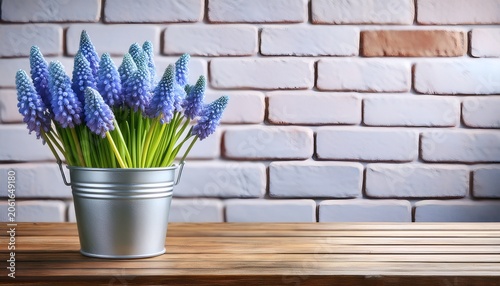 spring muscari flowers in bucket on wooden table over brick wall background