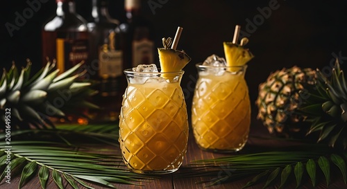Two painkiller cocktails with pineapple garnish and dark rum bottles