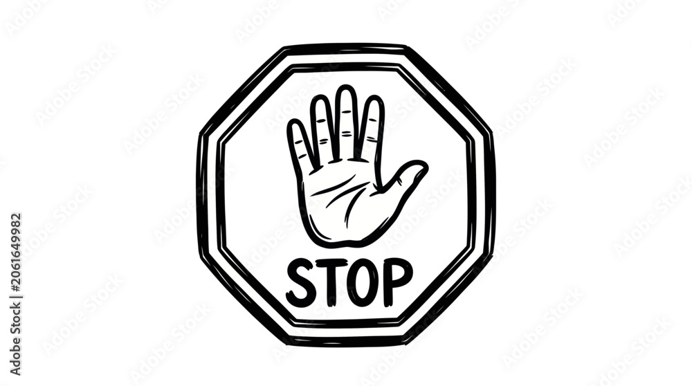 Obraz premium Hand drawn stop sign with open palm and word STOP, isolated on white background.