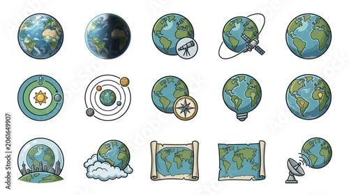 Foto Collection of Earth globes and maps with navigational elements.