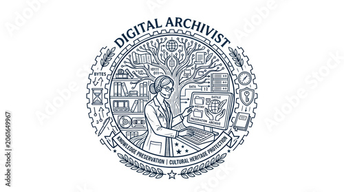 Vászonkép Digital Archivist Woman Organizing Information Tree with Computer and Books