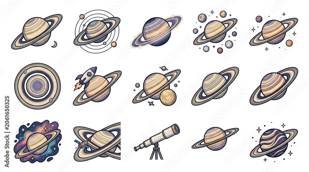 Fototapeta premium Collection of hand-drawn planets and a telescope.