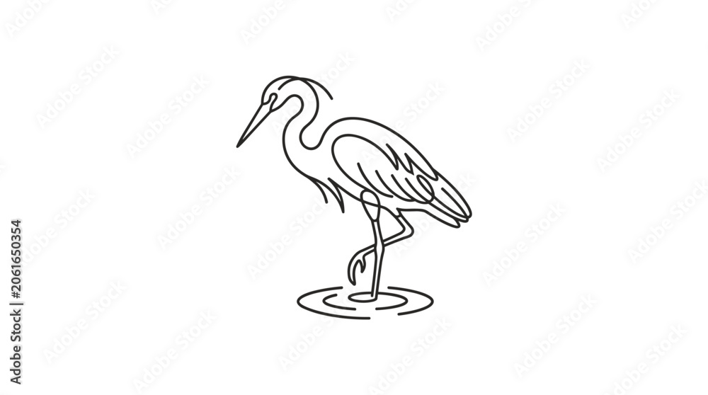 Obraz premium Outline illustration of a heron standing on one leg in shallow water, simple line art, vector graphic