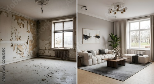 Before and after living room renovation concept, interior design transformation