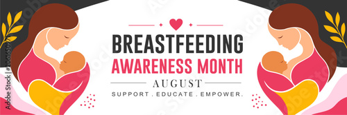 National Breastfeeding Awareness Month horizontal banner template. Features a minimalist vector illustration of a mother nursing her baby with colorful abstract shapes for August healthcare campaigns.