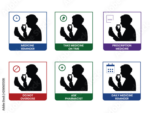Elderly Healthcare and Medication Reminder Safety Signs Collection. Medicine Safety Reminder and Prescription Icons Set