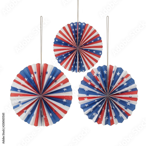 Three red white and blue pinwheel decorations spinning in summer breeze