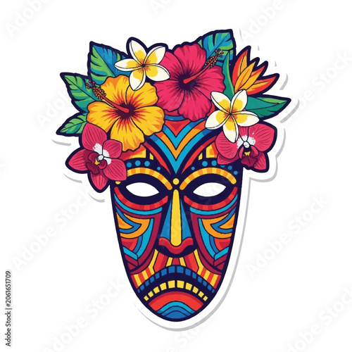 Vibrant tribal mask with floral crown.