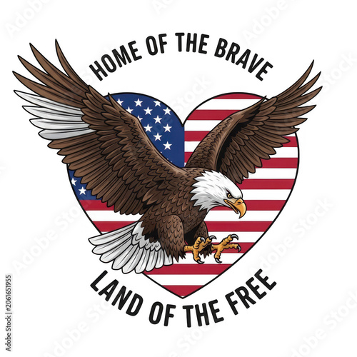 Bald eagle with american flag wings flying over united states map