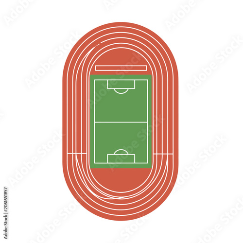 Aerial top view icon of an oval running track with a green soccer field flat vector illustration isolated on white background