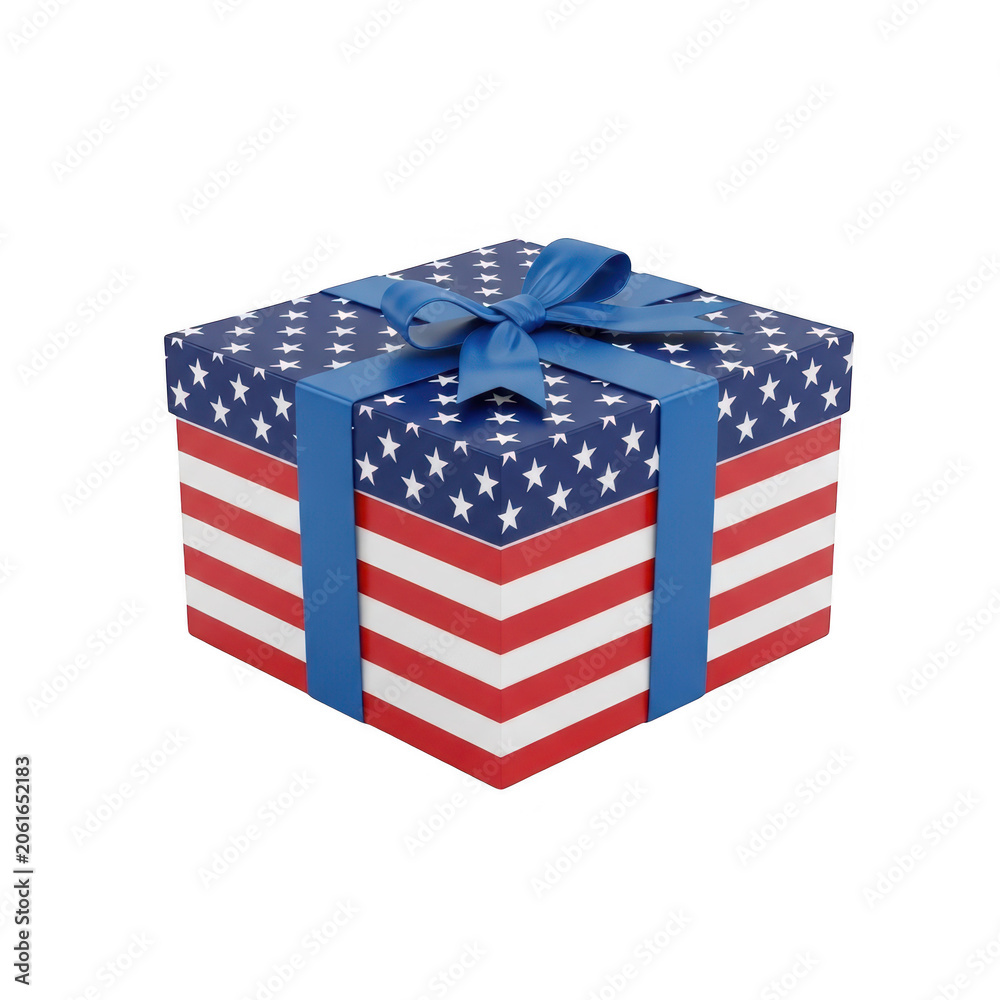 Fototapeta premium Colorful gift box with red white and blue stripes and bow on top