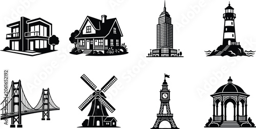Photos Architectural Landmarks and Building Silhouette Collection with Houses Bridge Li