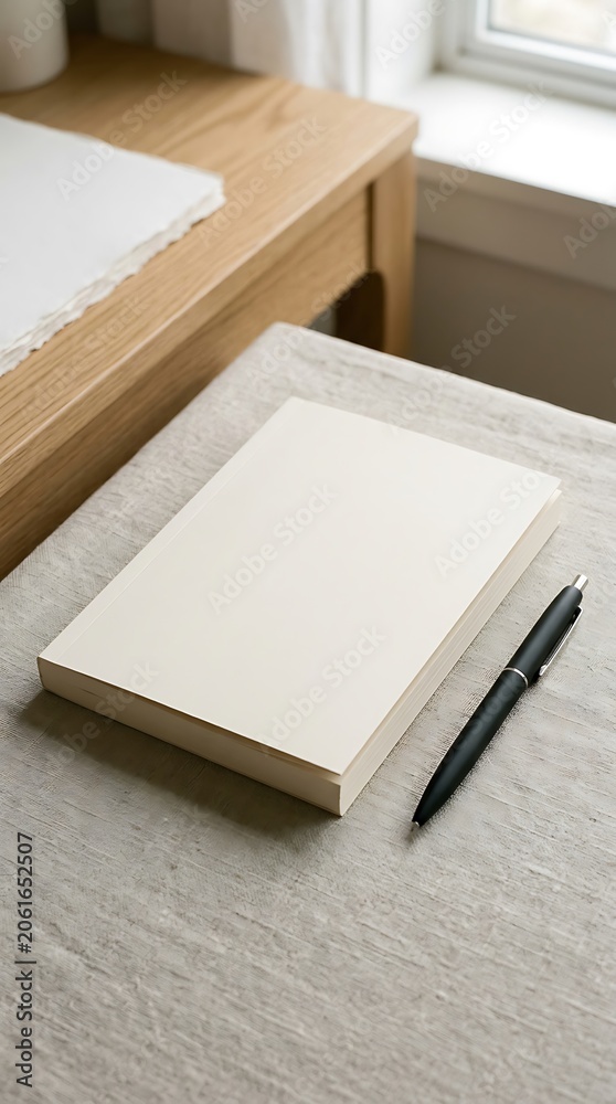 Fototapeta premium A blank notebook rests on a neutral surface next to a pen, with a wooden table and a window in the background