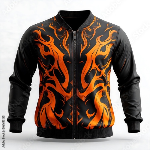 Black hoodie with orange flame graphic design.