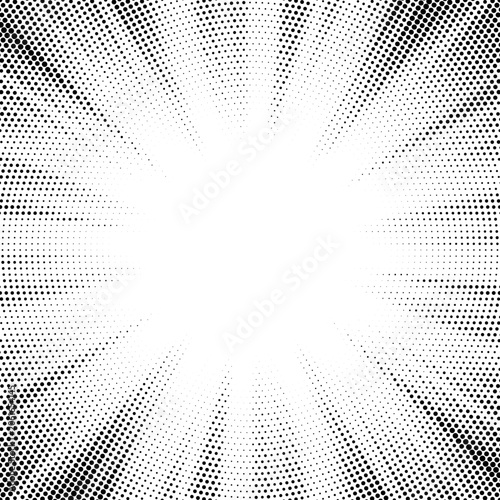 Abstract halftone sunburst with gradient rays and dynamic dot texture. Monochrome pop-art comic background with starburst rays, radiant explosion and vintage sunrise effect poster ad.