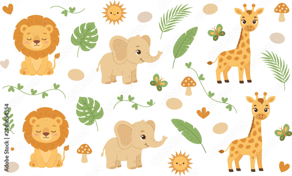 Fototapeta premium Adorable cartoon safari animals and jungle elements in a pattern for children isolated on transparent background