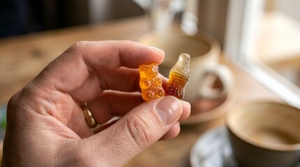 Hand holding jelly candies, gummy bear and cola bottle shapes, selective focus