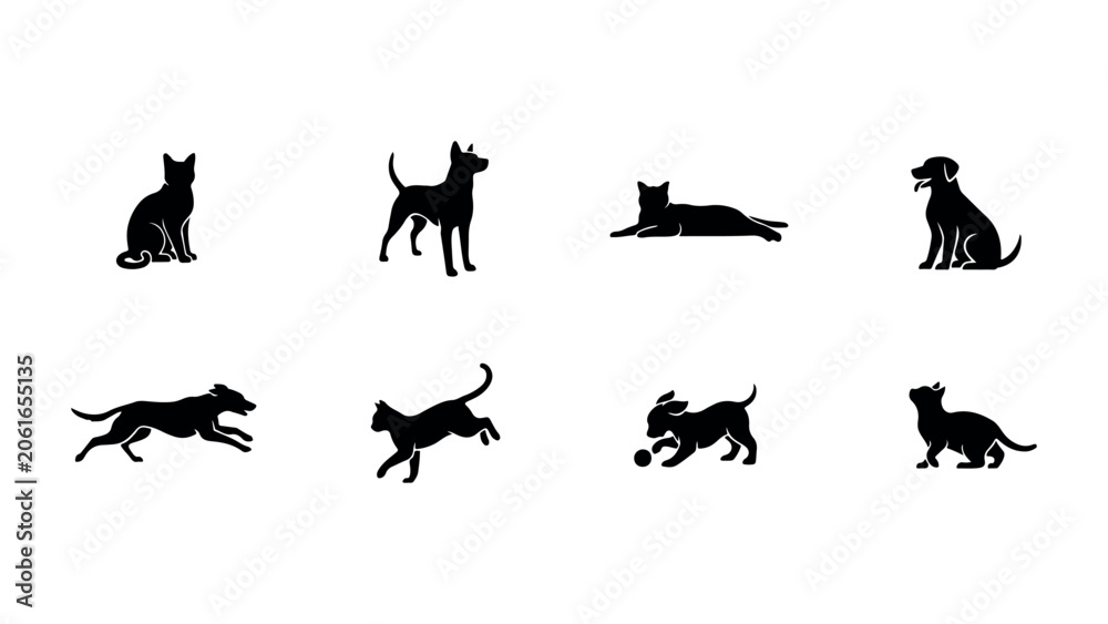 Fototapeta premium Collection of black silhouettes of domestic animals and pets on transparent checkered background.