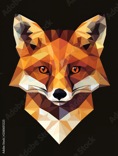 Geometric low poly orange fox head portrait composed of triangles and polygons on a dark background