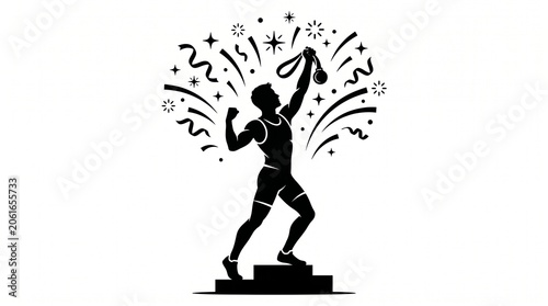 Black Silhouette Vector Illustration of a Victorious Athlete Standing on a Winners Podium Celebrating Success with Confetti and Fireworks