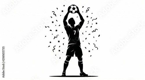 Black silhouette vector of a soccer player celebrating victory holding ball above head with confetti