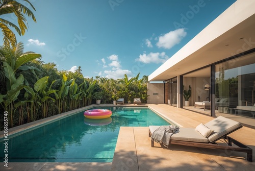 Luxury villa swimming pool and modern architecture with tropical garden