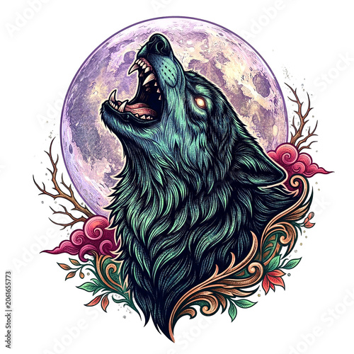 Stylized illustration of a fierce wolf howling at a large purple moon, framed by elegant floral ornaments, isolated on transparent background.