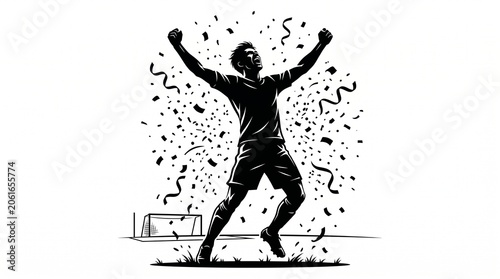 Triumphant athlete silhouette vector illustration celebrating a major sports victory with arms raised amidst confetti, symbolizing success and the joy of winning