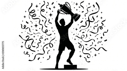 Vector silhouette of a victorious champion raising a trophy high, surrounded by a festive cascade of confetti, symbolizing ultimate success, triumph, and achievement in competition
