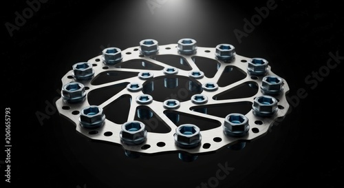 Close-up of metal brake rotor.