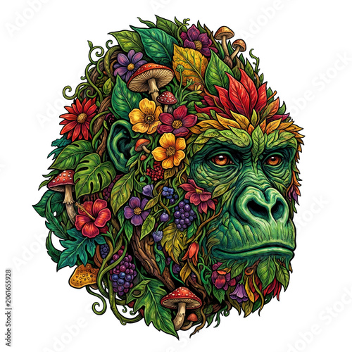 Intricate floral gorilla head illustration made of vibrant leaves, flowers, and woodland mushrooms. Nature spirit. Animal.