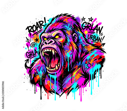 Aggressive roaring gorilla head portrait in colorful neon graffiti street art style. Urban spray paint drip animal illustration design.