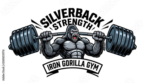 Muscular silverback gorilla lifting a heavy barbell. Gym mascot logo illustration with text Silverback Strength and Iron Gorilla Gym. on transparent background.