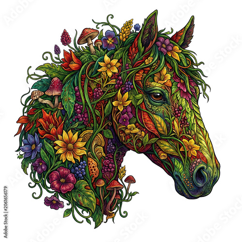 Intricate floral horse head illustration made of leaves, flowers, and mushrooms. Nature spirit animal vector portrait.