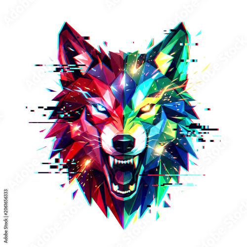 Neon glitch art geometric wolf head roaring on black background. Cyberpunk low poly animal illustration.
