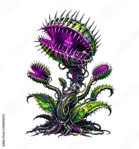 Cyberpunk mechanical Venus flytrap illustration with glowing neon purple accents, sharp metal spikes, and 