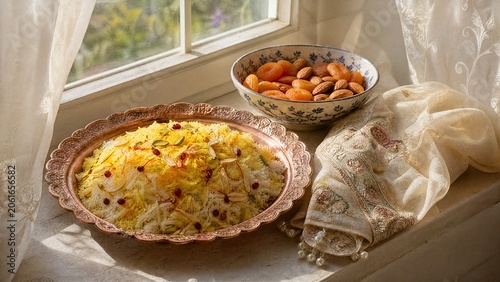 afghan. Afghan saffron rice and dried fruits with embroidered scarf, independence day cultural display. event programs, museum guides, designed for cultural heritage projects and event programs.