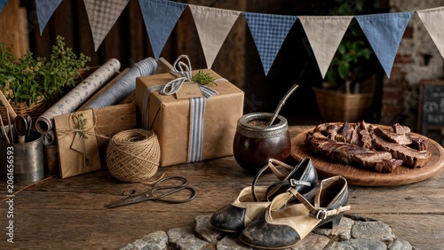 bombilla. Gift wrapping station with fabric bunting, mate gourd, asado slices, and tango shoes. event programs, museum guides, designed for cultural heritage projects and event programs.