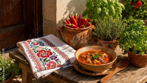 doorstep. Hungarian embroidered tablecloth with goulash and paprika peppers, rustic garden arrival concept. event programs, museum guides, designed for cultural heritage projects and event programs.