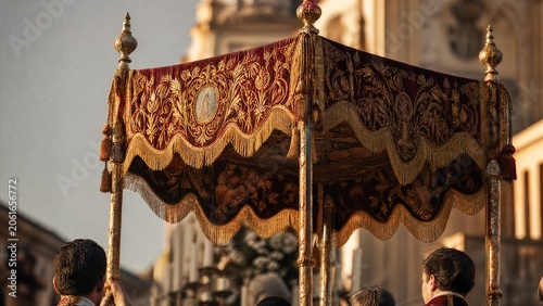 baldachin. A ceremonial procession with a richly decorated fabric canopy held aloft on four poles. event programs, museum guides, designed for cultural heritage projects and event programs.