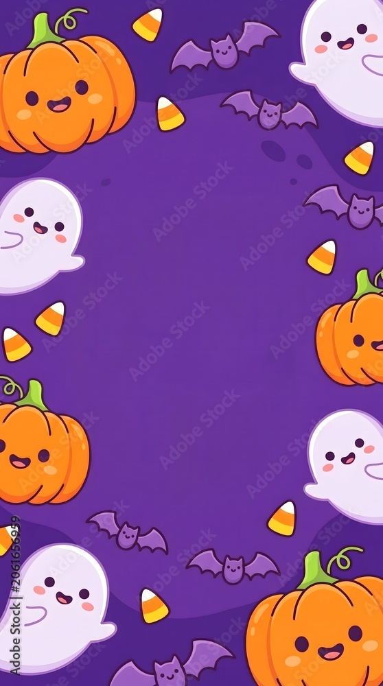 Fototapeta premium Cute Cartoon Halloween Background With Pumpkins