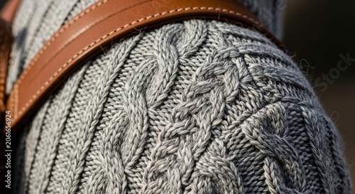 Close-up of a knitted sweater with intricate cable patterns and a brown leather strap.