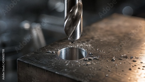 retracting. Shiny drill bit retracting from metal plate, showing smooth perfect hole. safety posters, maintenance manuals, designed for precision metalworking and fabrication facilities.